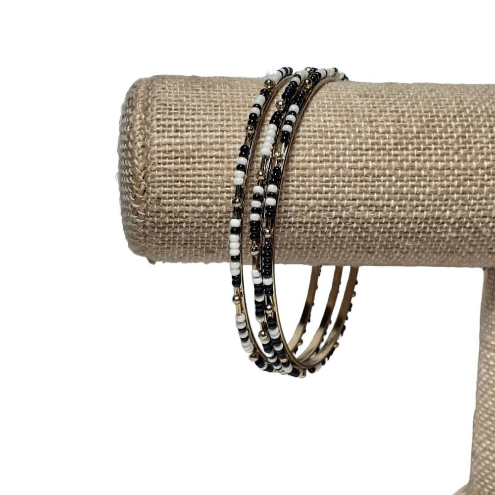 Beaded 3 Bangle Bracelets Stack Black And White O… - image 2